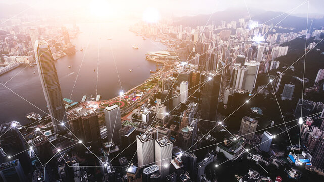 Aerial photo of Hong Kong develop city with popular financial and business centers. Advanced infrastructure of buildings construction and urban transportation.Infographics elements with networking map
