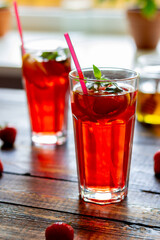 Strawberry lemonade with mint and lemon. Cold drinks. Summer. Recipe.