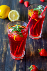 Strawberry lemonade with mint and lemon. Cold drinks. Summer. Recipe.