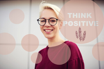 Portrait of friendly smiling female looking to camera. Caucasian blonde hair hipster girl looking carefree. Infographics words of positivity and optimism concepts. Satisfied young woman