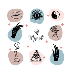 Magic symbols -flask with potion, vampire mouth, eclipse, rose, yin-yang, all-seeing eye.