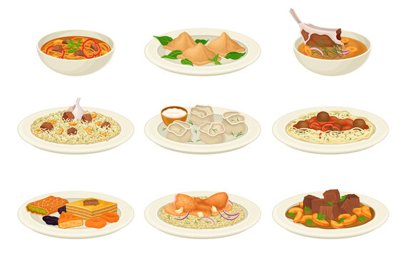 Traditional Dishes of Uzbek Cuisine with Pilaf and Lagman Side View Vector Set