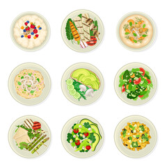 Vegan Dishes and Main Courses with Oatmeal Porridge and Vegetable Salad Vector Set