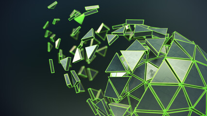 Icosahedron ball shape with glowing green lines 3D rendering