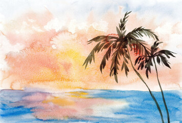 Fototapeta na wymiar Exotic watercolor landscape. Black silhouettes of coast with palms and distant blurry island against crimson sunset sky reflected on water surface. Bright illustration integrated on white background