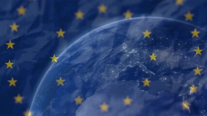 Yellow stars spinning on blue background against globe in background - Powered by Adobe