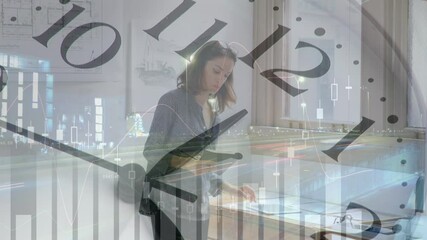 Clock ticking with graph and statistical data moving against female architect using digital tablet - Powered by Adobe