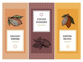 Cocoa packaging design templates set with pattern. Engraved style sketch hand drawn illustration. Cacao powder, beans, nuts, seeds, flowers and leaves vector.