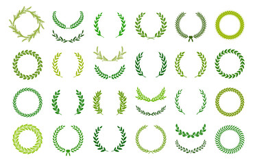 Set of green silhouette laurel foliate, wheat and olive wreaths depicting an award, achievement, heraldry, nobility. Vector illustration.