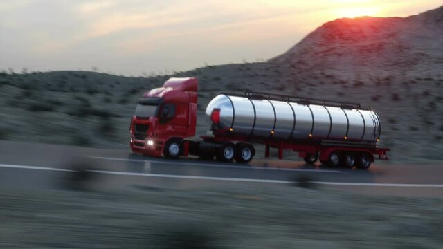 Gasoline tanker, Oil trailer, truck on highway. Very fast driving. Realistic auto animation.