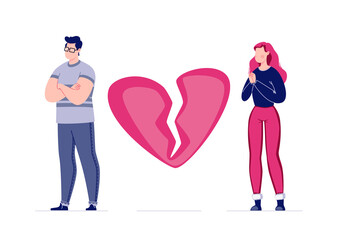 The concept of breaking the love relationship. Divorce. Former couple. Conflict between lovers. Broken heart. Parting couple. Attempt to make peace. Vector. Illustration in a flat cartoon style.