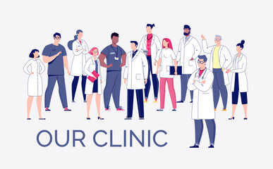 Team of doctors in cartoon style. The concept of the medical team. Doctors, nurses, orderlies - medical staff. Vector. Illustration in flat style.