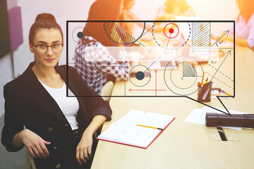 Portrait of positive attractive female graphic designer in eyeglasses looking at camera while colleagues on background working on startup project during collaborating in sunshine office, infographics