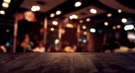 Empty dark wooden table in front of abstract blurred bokeh background of restaurant . can be used for display or montage your products.Mock up for space.