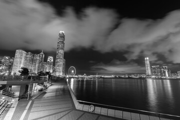 Panorama of skyline of Victoria Harbor of Hong Kong city at night