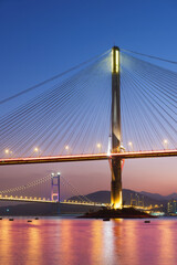Ting Kau Bridge and Tsing Ma Bridge in Hong Kong at dusk