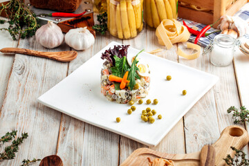Gourmet olivier russian salad with mayonnaise