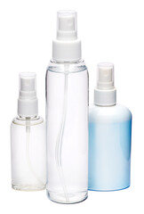 group of hand sanitizer spray bottles isolated on white background