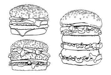 Vector set of hamburgers,lined drawing for banners, coloring. Graphical illustration