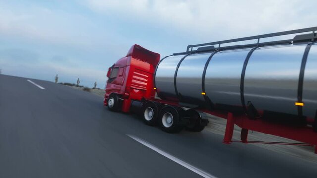 Gasoline tanker, Oil trailer, truck on highway. Very fast driving. Realistic auto animation.