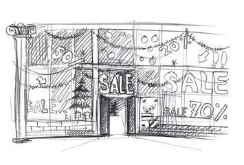Christmas sale shop window. Sketch. Simple pencil drawing