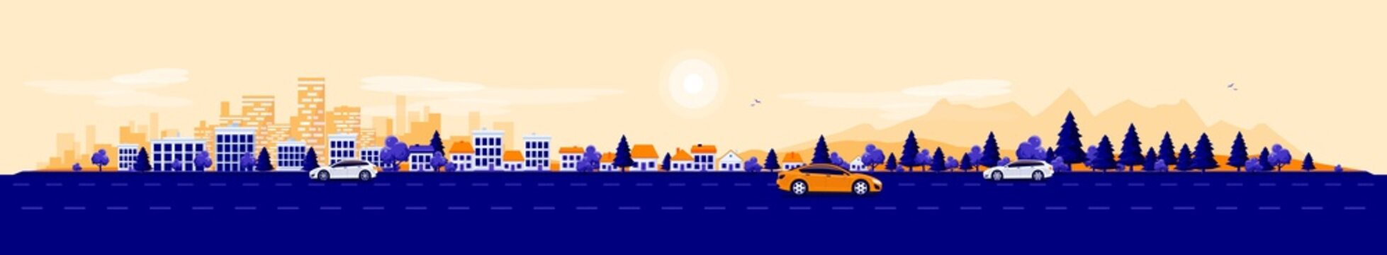 Empty road traffic in urban landscape street with cars, city skyline office buildings, family houses in town and mountain with trees in background. Orange blue flat vector cartoon style illustration.