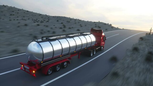 Gasoline tanker, Oil trailer, truck on highway. Very fast driving. Realistic auto animation.