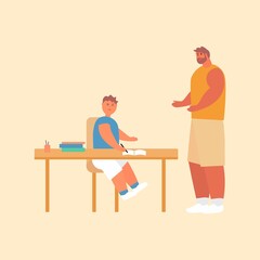 Father helps son do homework. Cartoon vector illustration