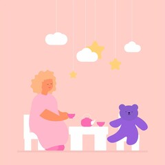 A girl and a toy bear are sitting at a table in a children's room. Toy Tea Party. Cartoon vector illustration