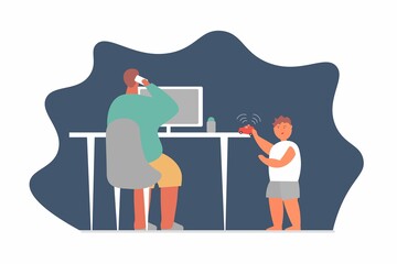Dad and son at home. A man works online. A boy plays with a loud toy. Cartoon vector illustration