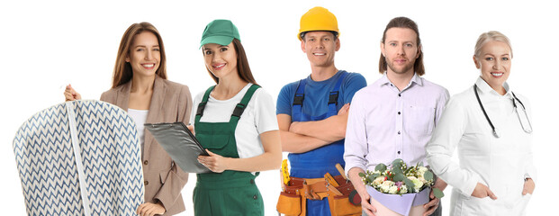 Career choice. People of different professions on white background, banner design