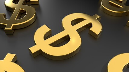golden dollar symbols lying on the table 3d