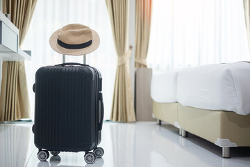 Black Luggage and hat in modern hotel room with windows, curtains and bed. Time to travel,...