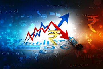 Business graph with Rupee sign. Indian Rupee growth concept. Rupee Market fluctuation Concept. 3d rendering
