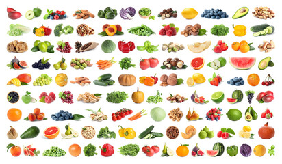Set of fruits, vegetables. berries and nuts on white background. Banner design