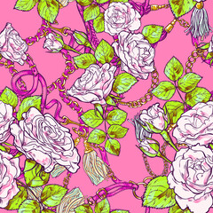 Seamless vintage texture of beautiful bouquets of roses and metal chains and straps. Template for printing on fabric, wrapping paper, design. 