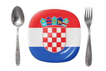 Plate with the Croatian flag. An empty plate with a spoon and fork on a white background. Isolated...