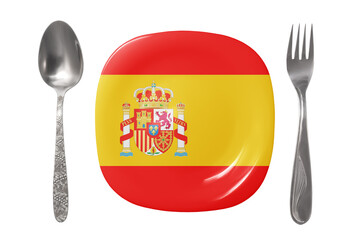 Plate with the Spanish flag. An empty plate with a spoon and fork on a white background. Isolated image