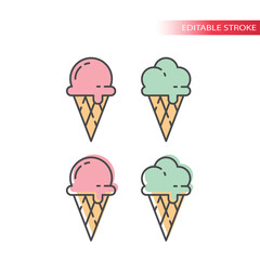 Ice cream with waffle cone colorful icon set. Ice cream pink and mint, colorful fill, editable line icons.