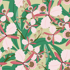 Tropical seamless pattern. Vector background in hawaiian style with hand drawn pink orchid flowers and green leaves. Elegant botanical texture. Stylish summer design for textile, wallpapers, prints © Bereletik Art