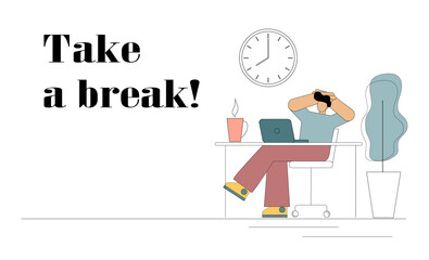 Take a break. Flat man is resting from work. He sits at a table in front of a computer with his hands behind his head and drinks coffee. Rest, break, lunch break, reboot, procrastination, fatigue. Vec