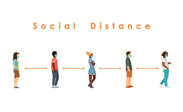 social distance. Full length sick people in medical masks standing in line against at a safe distance of 2 meters or 6 feet. flat vector illustration