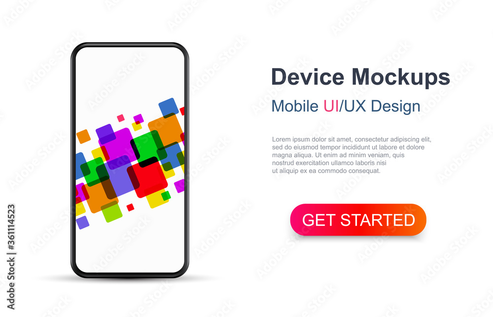Aufkleber Smartphone frame blank screen, 3d phone mockup with colored squares. Modern device model template for presentation UI UX design interface - stock vector