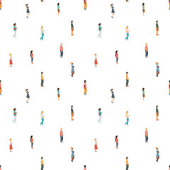 Seamless pattern crowd of masked men and women walk on a safe social distance, African Americans and Europeans.