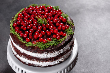 Beautiful delicious cake with bright red berries on the Christmas table