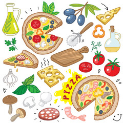 hand drawn pizza doodle ingredients icon set