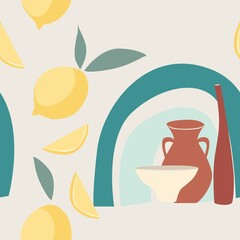 Silhouette on retro summer background. Seamless pattern. Abstract paper cut elements, lemons, pottery, abstract shapes.