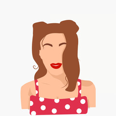 young and stylish girl, without a face, with short hair in profile, red dress with polka dots, vector illustration, model