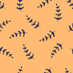 Simple calm floral seamless vector texture. Hand-drawn dark contour of a flower, twig on a beige-orange background. For prints of fabric, shirts, clothes, textile products, bedding.