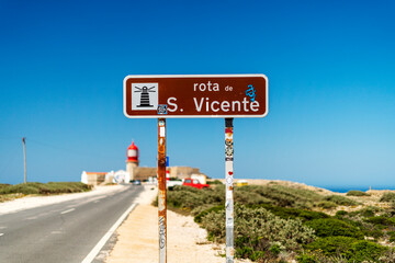 Sign informing about Saint Vincent Route in Sagres, Portugal